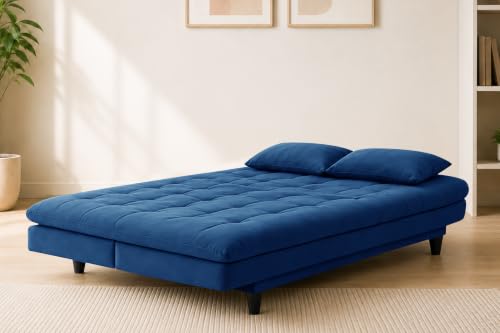 Image of Los Angeles Modern Convertible Futon Sofa Bed, Tufted Upholstered Folding Couch with Adjustable Backrest, Space Saving Sleeper Sofa for Living Room, Apartment, Office, Dorm & Guest Room - Blue