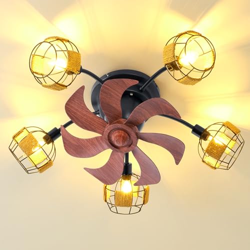 COCOSTAR Boho Ceiling Fan with Lights and Reversible Oscillating Blades, 26 Inch Small Country Style Fan, Rustic Ceiling Fans with Lights for Kitchen Room, Bedroom,E12*5 Bulb Not Included