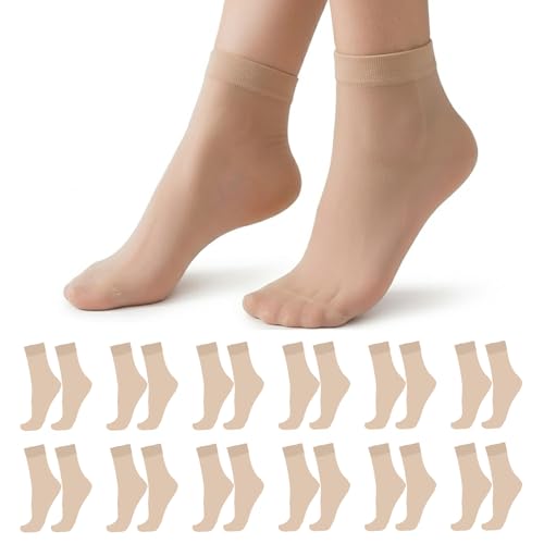 Eirian 12 Pairs Womens Sheer Ankle Socks Transparent Nylon Silky Breathable Hosiery Comfortable Pop Socks for Short Dresses Daily Wear Nude