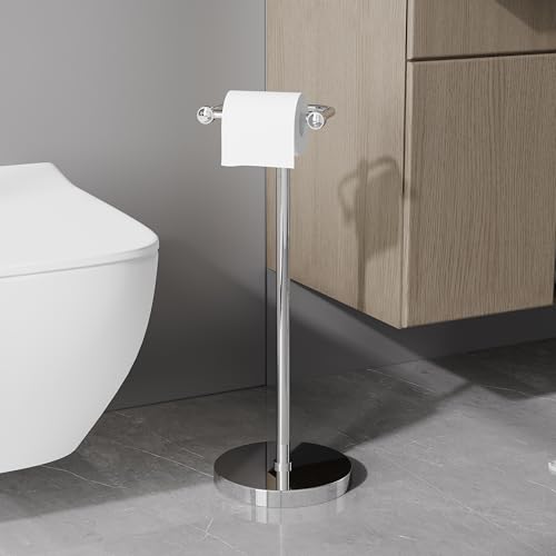 Image of RARXTR Toilet Paper Holder Stand, Post Pivoting Design Free Standing Toilet Paper Holder, SUS304 Stainless Steel Toilet Paper Roll Holder, Heavy Stable Base (Chrome)