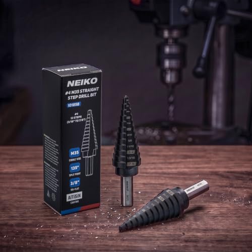 Image of NEIKO 10185B Step Drill Bit, 12 Steps 3 /16 inch to 7 /8 inch Straight M35 Cobalt, AlTiSiN Coated, 3 /8 inch Tri-Flat Step Bits for Steel, Metal, Wood, Plastic, Unibit Cone Drill Bits, Two Flute