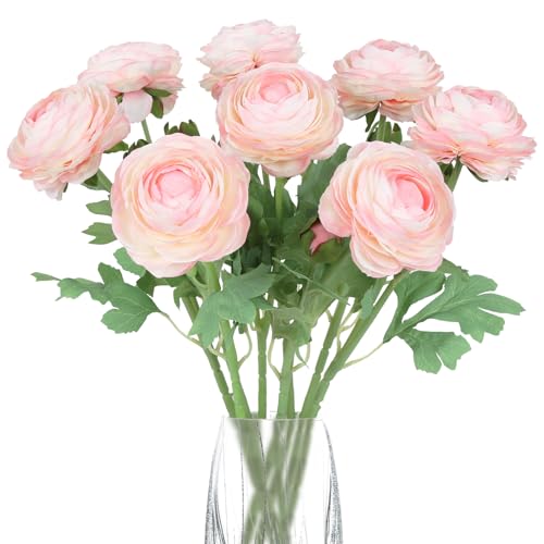 IPOPU 8 Pcs Ranunculus Artificial Flowers Silk Ranunculus Flowers with Stems Pink Faux Flowers for Wedding Bouquets Centerpiece Floral Party Home Office Decor (Pink)