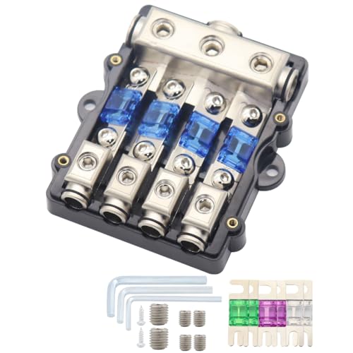 4 Way Amp Fuse Block ANL Holder Audio Subwoofer Amplifier 4 Gauge Wire in 8 Gauge Wire Out Fuses Distribution Block with 30A 60A 80A 100A Mini ANL Fuses