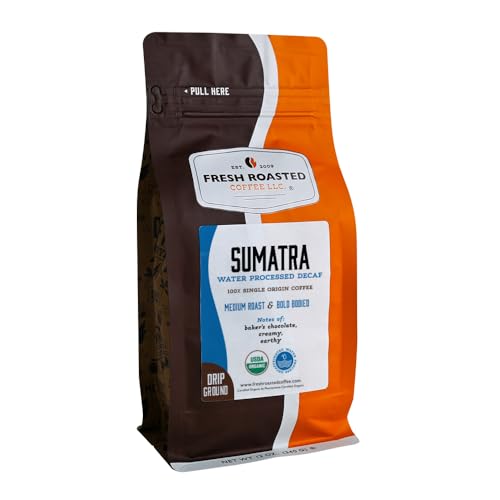 Image of Fresh Roasted Coffee, Organic Sumatra Water-Processed Decaf Drip Ground Coffee, Medium Roast, USDA Organic, 100% Single Origin, Kosher, 12 oz