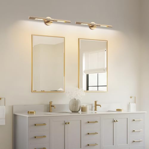 Image of Brass Picture Light Set of 2, Hardwired Wall Lights for Pictures 23.6in Brushed Gold Knurled Gallery Light, Rotatable 360 Modern Art Light for Bathroom Study Room Entryway, E12 Bulbs Included