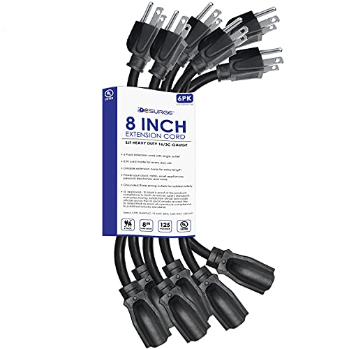 Digital Energy 3 Prong 8 Inches Indoor Outdoor Extension Cords 6 Pack, Heavy Duty Power Cords 13A 125V 60Hz 1625W, UL Listed, Black