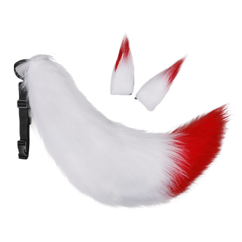 ILUFAM Handmade Fox Wolf Costume Accessories Set Fox Ears Hair Clip Hairpin and Tail Animal Anime Cosplay Halloween Party Fancy Dress (White&Red)