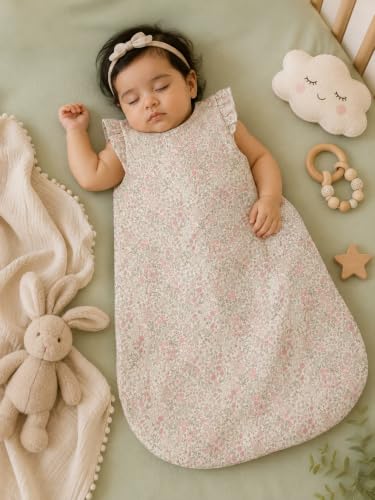 Image of TuddyBuddy Baby Cotton Wearable Quilted Sleeping Bag Blanket 1.5 Tog with 2 Way Zipper Closure | Ideal for Babies & Kids Hypoallergenic Fabrics | (Ditsy Floral - Frill Sleeves, 6-12 Months)