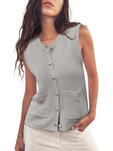 Saodimallsu Womens Summer Cropped Sweater Vest Sleeveless Button Ribbed Knit Crew Neck Cardigan Vests Top with Pockets