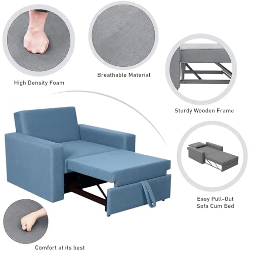 Image of CASASTYLE Seria 1 Seater Pull-Out Premium Fabric Sofa Cum Bed Sofa Set for Living Room (Sky Blue Fabric)