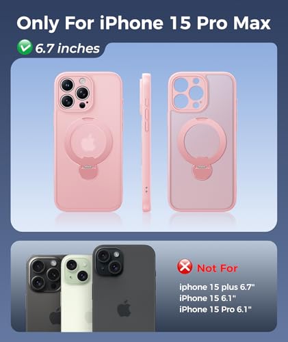 Image of FNTCASE for iPhone 15 Pro-Max Case: [360 Spin Magnetic Stand] [Compatible with Magsafe] [Screen Protector] Translucent Matte Military Grade Shockproof Full Camera Protective Phone Cover - Pink