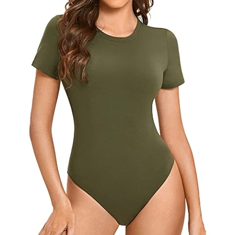 INLYRIC Women's Short Sleeve Bodysuit Crew Neck T Shirts Basic Summer Tops Warm Green 8 Cover