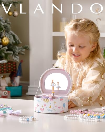 VLANDO Schmuckkästchen Mädchen mit Spieluhr, Schmuckkasten Kinder mit Drehendem Ballerina & Spiegel, Spielzeug Geschenk 4 5 Jahre Mädchen, Schmuckschatulle mädchen aus Hochwertigem Leder