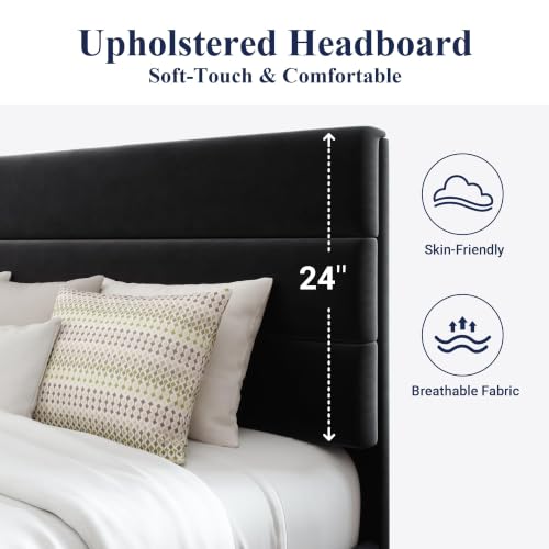 Image of Allewie Cal King Size Platform Bed Frame with Velvet Upholstered Headboard