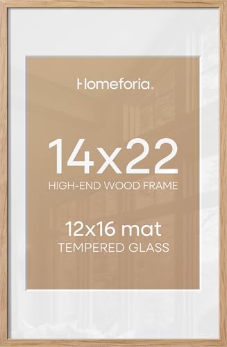 Image of Homeforia 14x22 Picture Frame Wood, High End Natural Oak 14x22 Light Wooden Poster Frame with Mat 12x16, 14 x 22 Frames Matted to 12 x 16 Photo, 22x14 Hanging Frame, Tempered Glass, Wall Kit, Set of 2