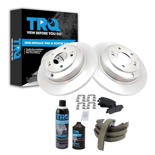 Image of TRQ Rear Brake Pad & Rotor Kit, with Chemical Kit Parking Brake Shoe Set Semi-Metallic Compatible with 2010-2014 Hyundai Genesis Coupe