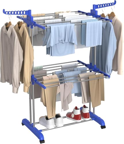 Innotic Airer Clothes Drying Rack, 3-Tier Foldable Clothes Hanger Horses Indoor Outdoor, Stainless Steel Laundry Dryer Stand with Casters