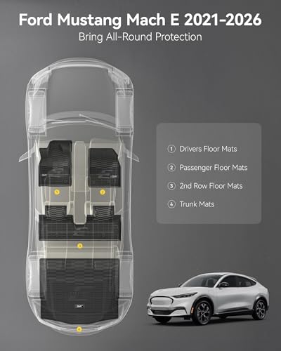 Image of 3W Floor Mats & Cargo Liner Fit for Ford Mustang Mach E 2021-2025 2026 TPE All Weather Custom Fit Floor Liner 1st 2nd Row and Trunk Mat Full Set Mats (Trunk Base Upper Only)