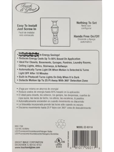 Touch & Glow 360° Screw-in Motion Sensor Light Indoor Socket for Lighting - Outdoor Indoor Garage Light, for Basement - Motion Sensor Light Turns On Lights When Movement is Detected, 20ft Distance