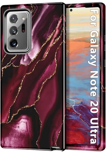 Btscase for Samsung Galaxy Note 20 Ultra Case,Marble Pattern 3 in 1 Heavy Duty Full Body Shockproof Hard PC+Soft Silicone Drop Protective Women Girls Case for Note 20 Ultra 5G 6.9 inch,Wine Red