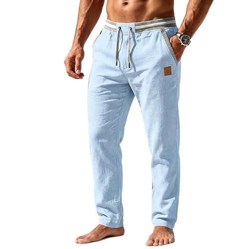 Men's Casual Linen Pants Elastic Waist Drawstring Summer Beach Trousers with Pockets for Men...