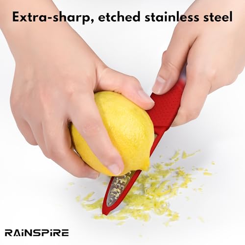 Image of Rainspire Lemon Zester Tool with Channel Knife, Stainless Steel Citrus Zester Tool, Lemon Peeler, Zesters for Kitchen, Ultra Sharp 2-in-1 Tool Easily Creates Citrus Zest, Red