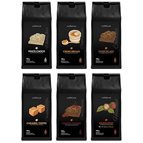 Caffeluxe Flavoured Ground Coffee - Taster Pack (6 x100g) - Chocolate, White Choco, Caramel, Cherry, Hazelnut, Creme Brule (100g Per Bag) Cover
