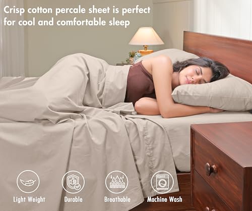 Image of RUVANTI 100% Cotton Percale Sheets Full - Crisp Cooling Summer Bed Sheets for Hot Sleepers, Deep Pocket 14 inch, Soft Peach Finish, Breathable & Durable Hotel-Style 4 Piece Set, Linen