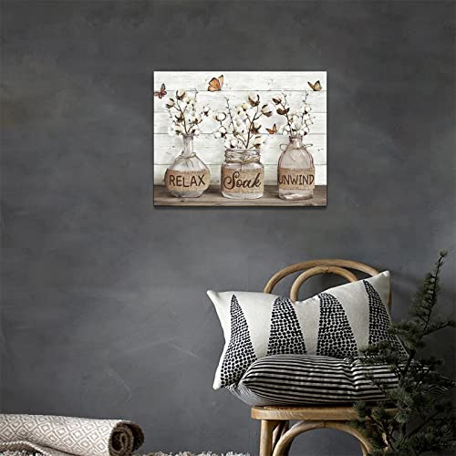 Tijuboni Farmhouse Bathroom Decor Wall Art Rustic Cotton Bathroom Pictures Canvas Print Country Bathroom Relax Soak Unwind Sign Artwork Modern Home Decor For Bathroom Framed Ready To Hang 12"X16" #TOP2