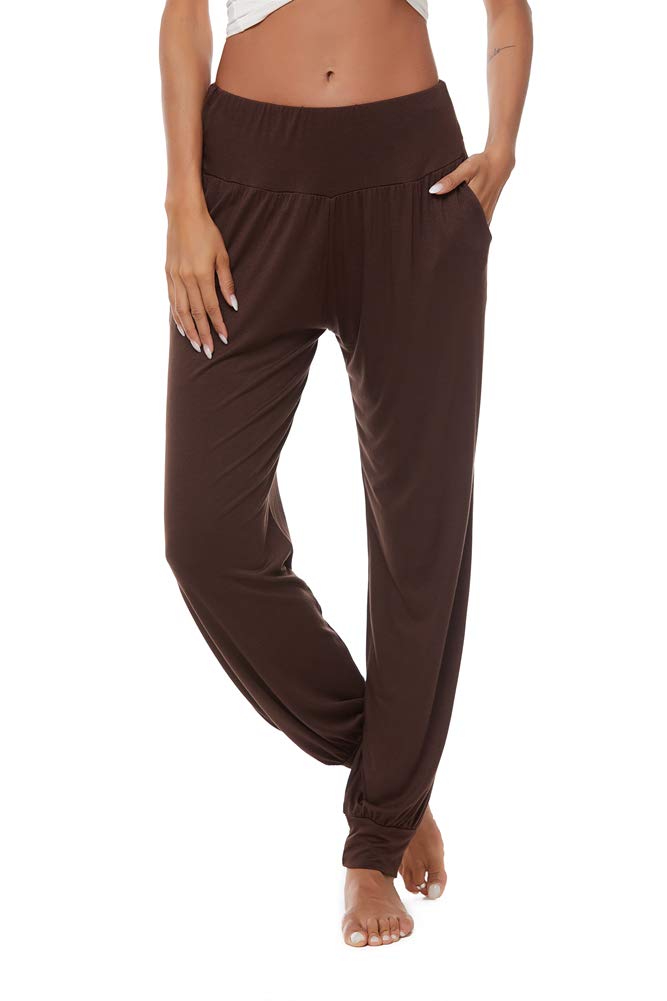 AvaCostume Women's Loose Yoga Harem Workout Pants with Pockets Coffee S