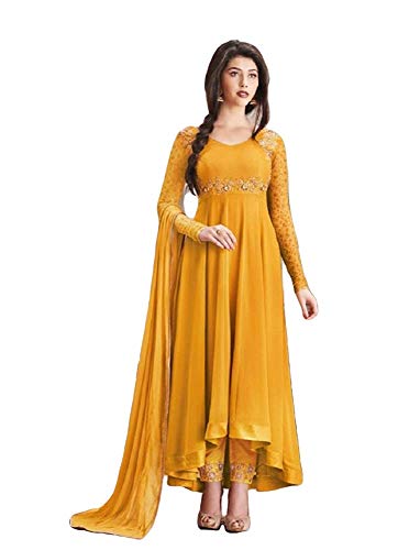 Henith Collection Indian/Pakistani Wear Georgette Embroidered Work Anarkali Suit and Party Wear Suit for Women (Mustard, XS)
