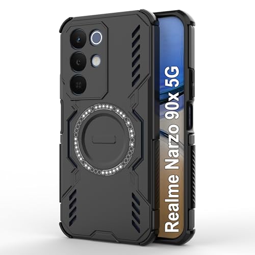 Image of amazon basics Back Case Cover for Realme Narzo 90x 5G | Magnetic Case with Built-in Metal Ring | Supports MagSafe Charger, Wallet & Car Mount | Shockproof Hybrid PC + TPU | Black