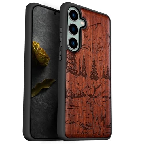 Coque en bois pour Samsung S23 FE gravée au laser motif cerf et montagnes