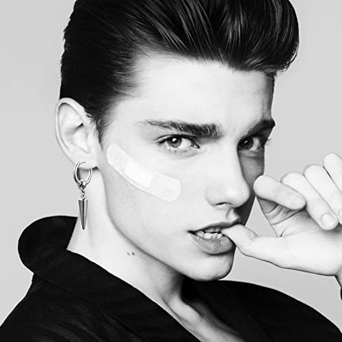 Honsny Black Dangle Mens Earrings, 24 Pcs Surgical Stainless Steel Punk Silver Cross Earrings For Men Women Huggie Hoop Long Chain Piercing Feather Stud Men Boys Earring Cool Black Earrings Set #TOP4