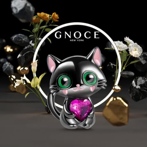 Image of GNOCE Black Cat Embraces Heart Gemstone Charm Bead Silver fit Bracelet /Necklace Jewelry Gift for Women Wife