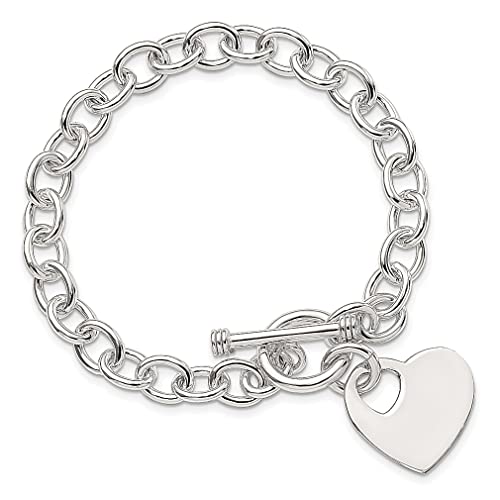 925 Sterling Silver Engraveable Heart Disc On Link Toggle Bracelet 7.75 Inch Charm Love Fine Jewelry For Women Gifts For Her #TOP3