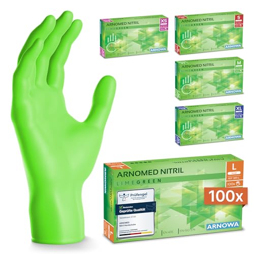 100x ARNOMED Einweghandschuhe Grün, Nitrilhandschuhe L, Einmalhandschuhe, Handschuhe Einweg puderfrei, latexfreie Gummihandschuhe, Einweghandschuhe in XS, S, M, L & XL verfügbar