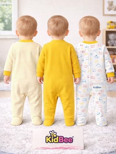 Image of Kidbee Baby Boys & Girls Full Sleeves Cotton Footed Romper Sleepsuit Pack of 3