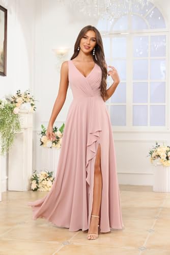 Image of HANVAIOS Long Chiffon V Neck Bridesmaid Dresses for Women Formal Dress with Pocket