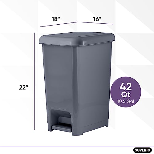 Image of Superio Slim Trash Can with Foot Pedal - 10.5 Gallon Step-On Trash Can with Lid, Large Plastic Garbage Can, Trashcan for Bathroom, Kitchen, Office, Bedroom, Dorm Room, Patio, - Onyx Grey, 3