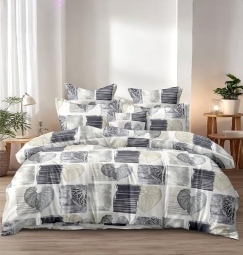 Image of Bedding Set Combo of Double Bed Duvet Cover Set with Fitted Bedsheet & 2 Pillow Covers | 300 TC Cotton Fabric | Zipper Closure |All Round Elastic|Warm Stuff|SED 052|White Grey Patti