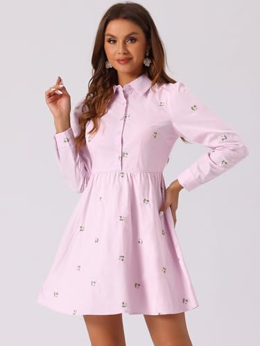 Image of Allegra K Women's Shirt Dress A Line Embroidered Floral Mini Dresses | Casual, Collar, Long Sleeve, Button Down, Half Placket, Invisible Zipper, Knee Length