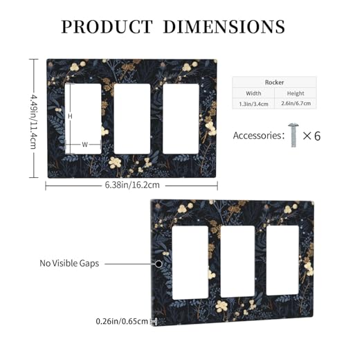 Decorative Outlet Covers Rustic Navy Dark Blue Leaves Golden Floral 3 Gang Outlet Cover Wall Plate Triple Rocker Light Switch Cover Plate Switch Plate Covers for Bedroom Home Decor