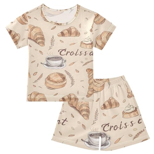 ALAZA Coffee Croissant Bread Pajamas Short Sleeve 2 Piece Sleepwear Top and Bottom Pajama Set Unisex