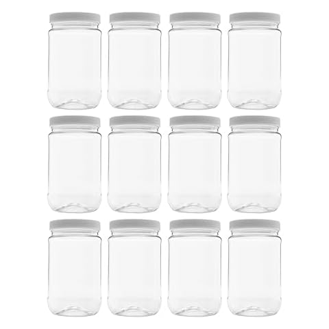 CLEARVIEW CONTAINERS - 12 Pack of 16 Ounce Plastic Jars with 70RG Leak Proof Seal Lid - Food Grade and BPA Free (16oz, 12pk) Cover
