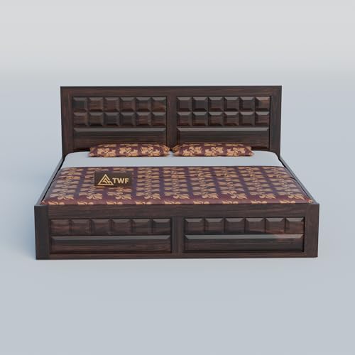 Image of Solid Sheesham Wood Queen Size Bed with Storage Box | Double Bed for Bedroom | Big Diamond Design Wooden Double Bed Cot for Home & Hotels | Rosewood, Walnut Finish