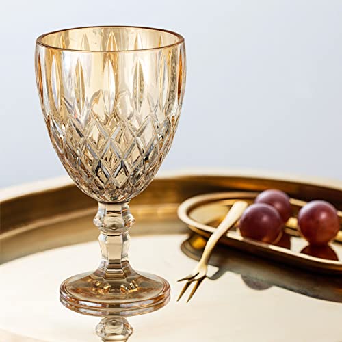 Vintage Wine Glasses Set Of 6, 11 Ounce Colored Glass Water Goblets, Colorful Unique Embossed Pattern High Clear Stemmed Glassware Wedding Party Bar Drinking Cups Gold Amber 6 Pack #TOP3