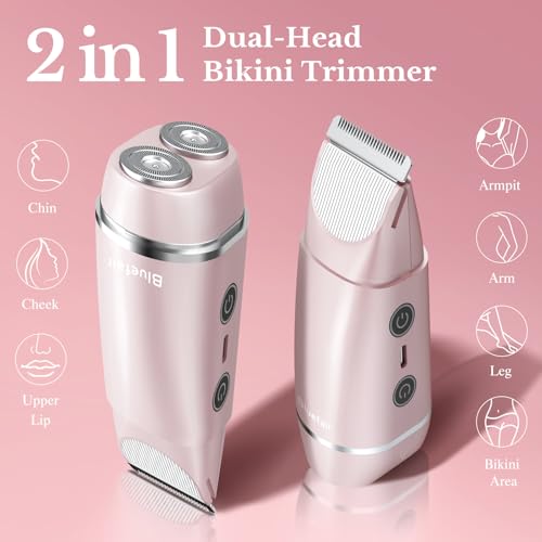 Image of Bikini Trimmer for Women, 2 in 1 Electric Razors for Women Electric Shaver, IPX7 Waterproof Body Hair Trimmer Shaver,Replaceable Lady Facial Razor Bikini Trimmer for Legs Private (Pink)