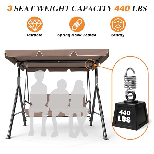 Image of GARTOO 3-Seat Patio Swing Chair, Outdoor Porch Swing with Adjustable Canopy and Durable Steel Frame for Patio, Garden, Poolside(Brown)