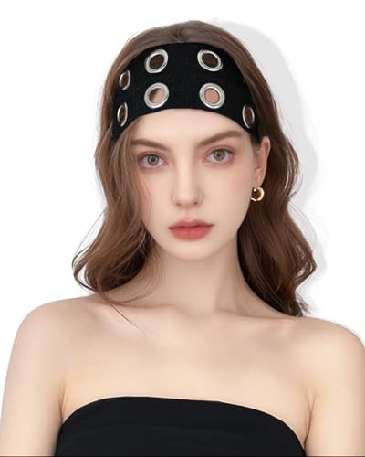 JENSVOIR Grommet Headband for Women Wide Black 20cm Hollow Out Elastic Hair Band Eyelets Punk Grunge Stylish Hairband
